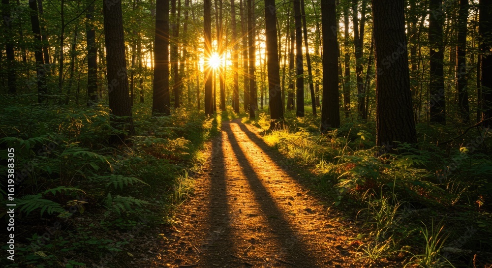 Fototapeta premium Golden sunlight path through forest