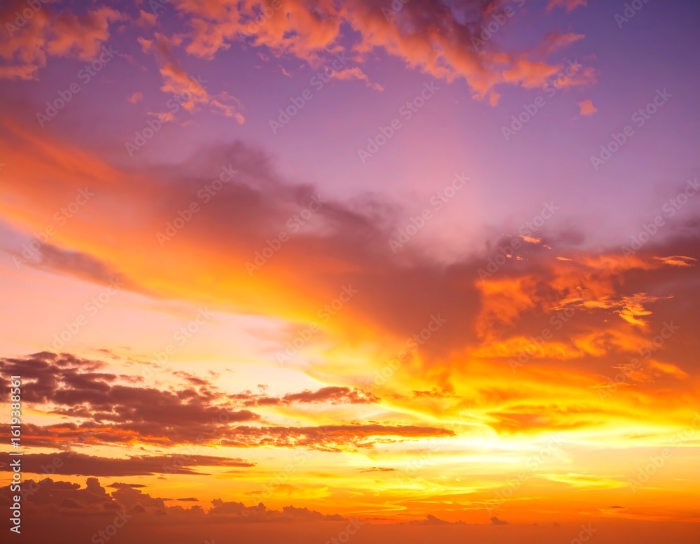 Fototapeta premium Vibrant sunset hues paint the sky with fiery oranges and purples, clouds scattered across the canvas