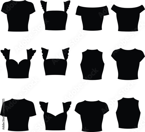 Trendy Collection of Women's Crop Tops & Blouses in Diverse Styles, Featuring Off-Shoulder, Ruffled, and Basic Silhouettes for Fashion.