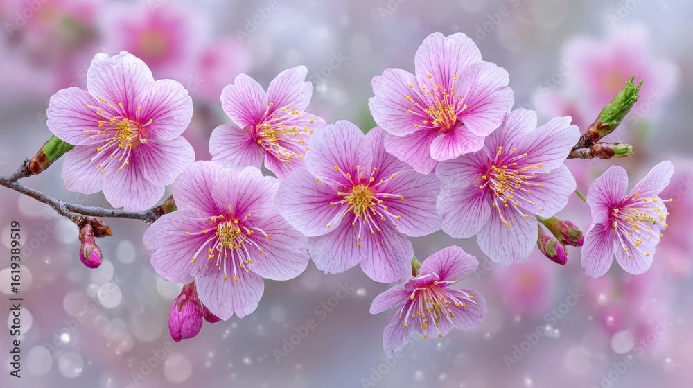 Delicate Pink Cherry Blossoms Branch Close Up Delicate Pink Cherry Blossoms Branch Close Up