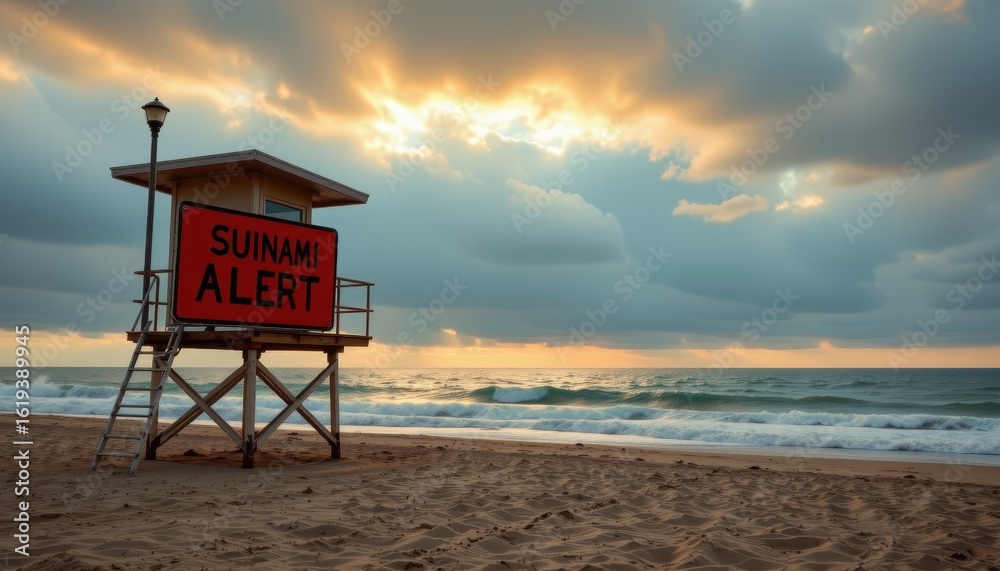tsunami alert sign on quiet beach moments before disaster with lifeguard tower empty and skies turning ominous over calm ocean tsunami alert sign on quiet beach moments before disaster with lifeguard tower empty and skies turning ominous over calm ocean