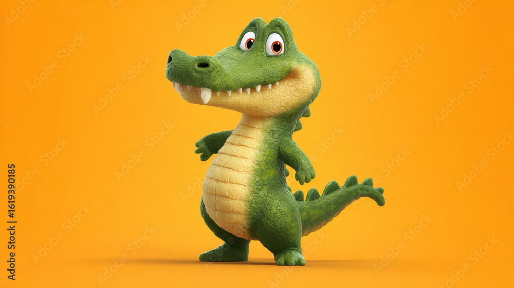 Naklejka premium Cute green crocodile cartoon character with big eyes and friendly smile standing on orange background