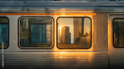 Sunset reflection on windows of silver passenger train with empty seats inside and city skyscrapers visible through glass