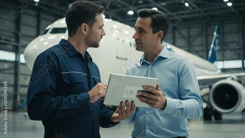 Two Men Reviewing Data On Tablet In Aircraft Hangar With Airplane Background