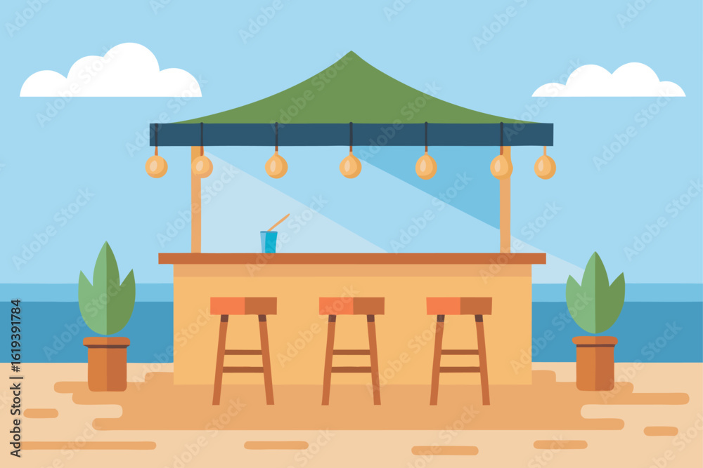 Obraz premium Beachfront bar with stools in tropical setting