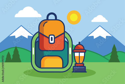 Backpack and lantern near hiking trail scenic illustration