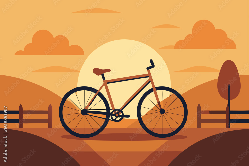 Fototapeta premium Bicycle resting against fence on dirt country road