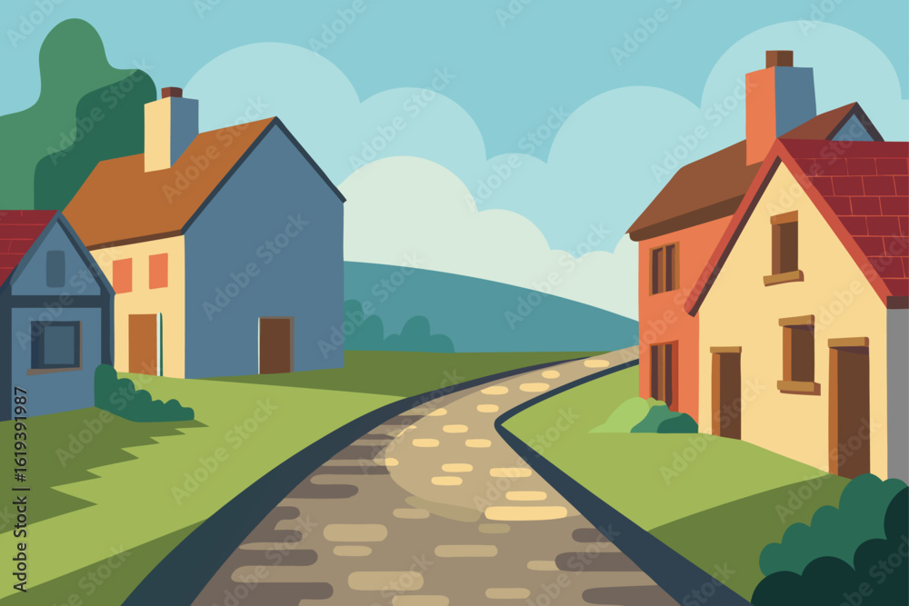 Naklejka premium Cobblestone street in countryside village landscape