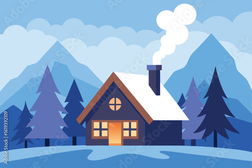 Cozy cabin with smoking chimney in snow