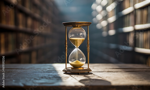 Vintage Hourglass on Wooden Desk in Library Sunlight – Passing Time, Knowledge, and Wisdom