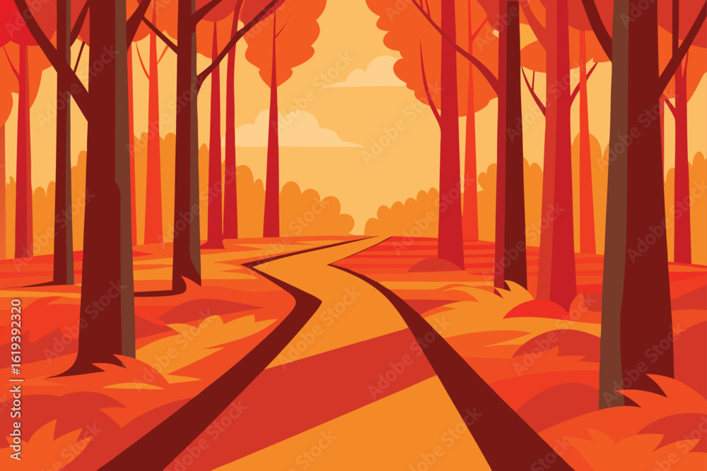 Fototapeta premium Forest trail with red and orange foliage