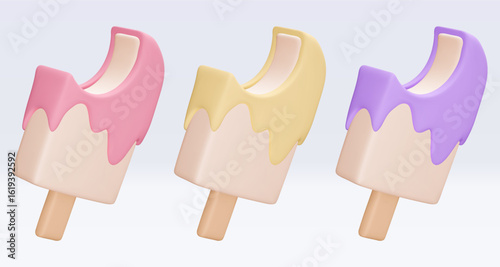 Set bitten Ice cream with chokolate glaze, icon, 3d render. Design elements. Realistic fast food icon. Sweet food. Vector illustration isolated on white for menu, shop, flyer, banner, web, adv, sale
