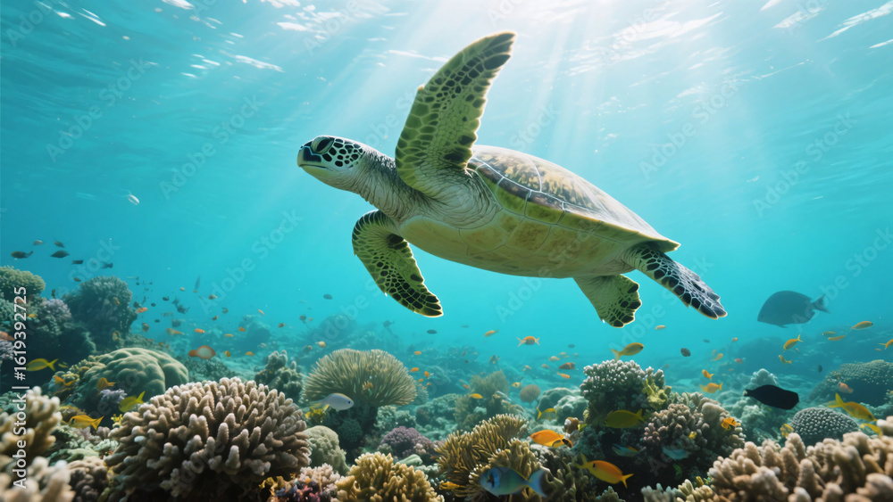 Fototapeta premium Close-up of sea turtle swimming above healthy reef in tropical water.