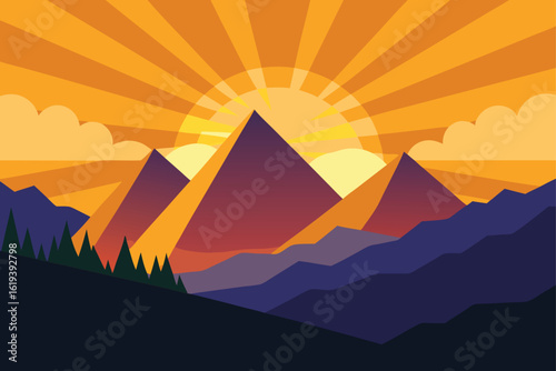 Mountain landscape during golden hour sunrise