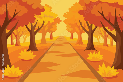 Pathway with golden autumn leaves scattered