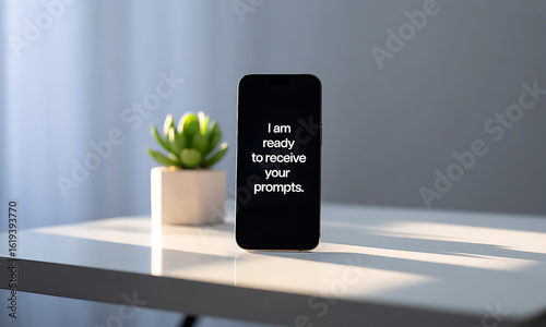 AI Assistant Ready: Smartphone Displaying 'I am ready to receive your prompts' on a Modern Desk