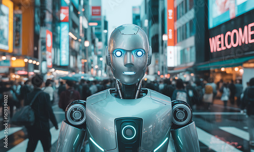 Humanoid robot with glowing blue eyes in a bustling urban street, symbolizing AI, future technology, and modern city life.