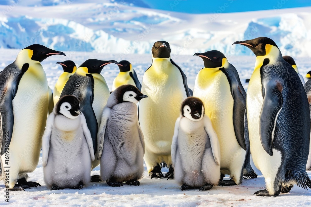 Fototapeta premium Emperor penguins gather around their chicks in a snowy Antarctic environment during daytime