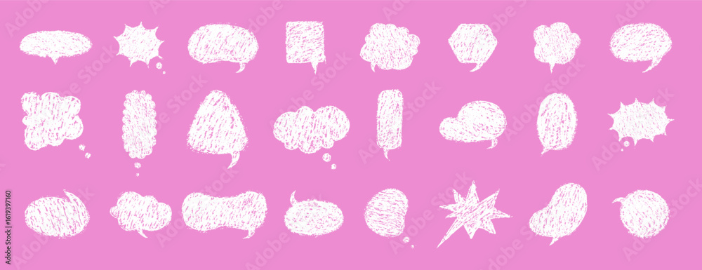Naklejka premium Balloon speech crayons. Vector Speech Bubble Collection with Crayon Texture. White Retro chatting or message boxes on pink background.