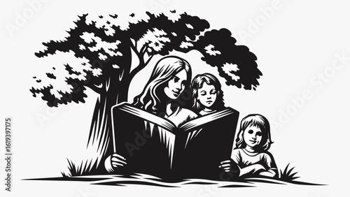 A mother reading a book to her two daughters under a tree in a black and white vector illustration silhouette