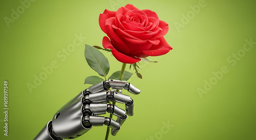 Robotic Hand Gently Holding a Vibrant Red Rose Against a Green Background