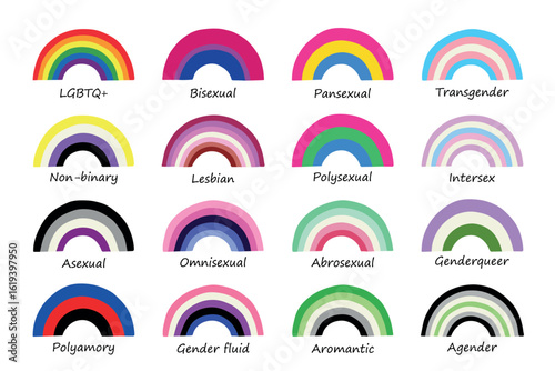 Set of colorful LGBTQ+ pride flag rainbows Gender equality and sexual identity pride flags collection LGBTQIA community pride month