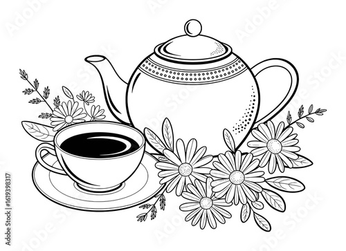 Black and white illustration of a teapot and teacup with flowers saucer daisies