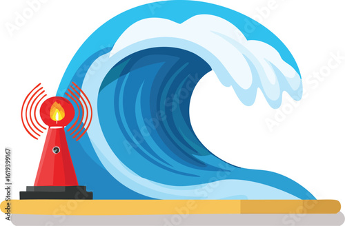 Red siren alerts tsunami with large wave in vector illustration