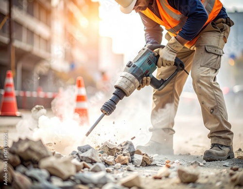 Construction worker using jackhammer breaking concrete on road