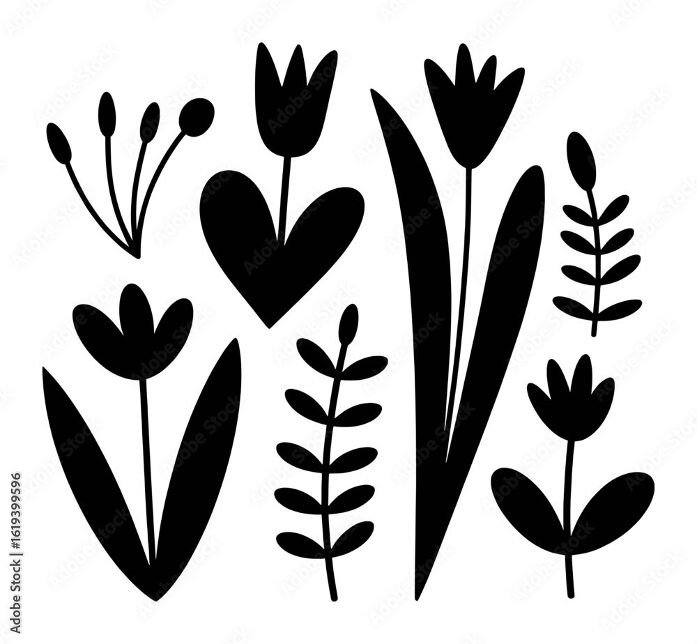Black floral elements and heart shape illustration vector Black floral elements and heart shape illustration vector