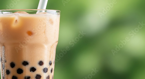 Refreshing Iced Bubble Tea with Tapioca Pearls and Straw Against a Blurred Green Background