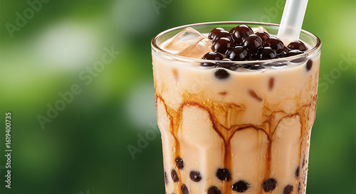 Delicious Iced Bubble Tea with Tapioca Pearls and Brown Sugar Drizzle