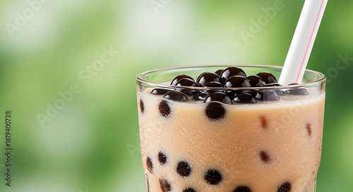 Classic Bubble Tea with Tapioca Pearls and Straw Against Green Bokeh Background