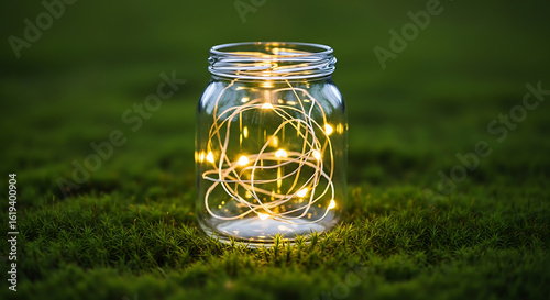 Warm glowing string lights in a glass jar resting on vibrant green moss, creating a magical, enchanting atmosphere.