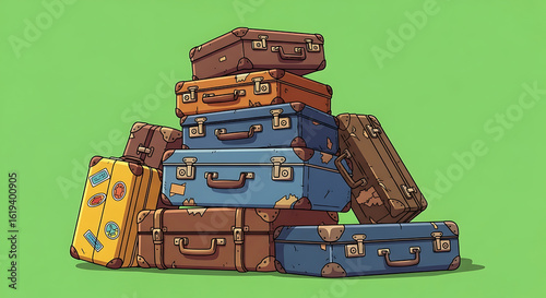 Stacked Vintage Travel Suitcases on Green Background Illustration