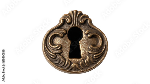 Elegant antique keyhole escutcheon with ornate flourishes isolated on a transparent background