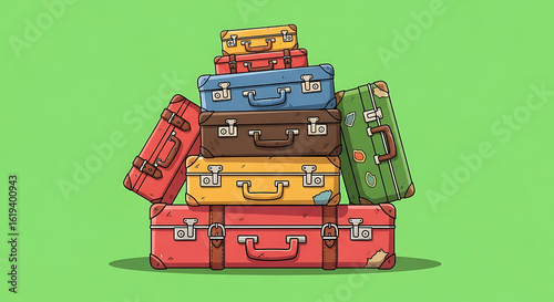 Colorful Stack of Vintage Travel Suitcases on Green Background for Vacation and Journey