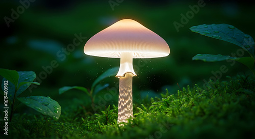 Bioluminescent Mushroom Glowing in Dark Forest Moss with Magical Light and Ethereal Glow