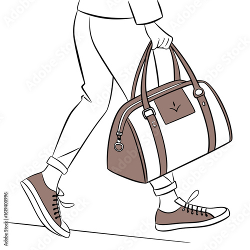 Stylish person walking with a duffel bag and sneakers minimalist line art illustration