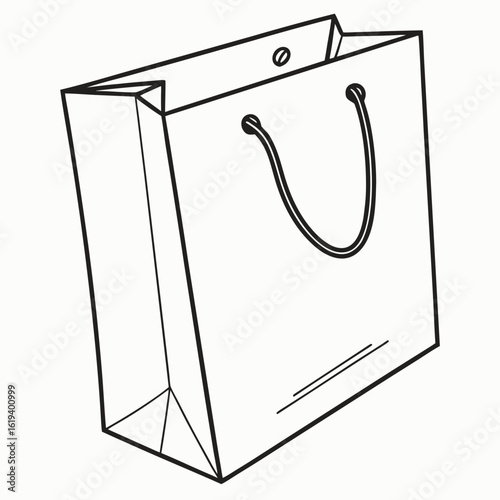 Simple black and white line drawing of a paper shopping bag with handles and a folded base