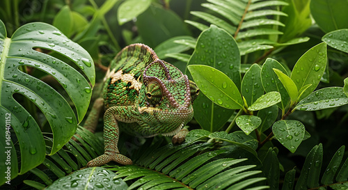 Green Chameleon Blending Seamlessly Amidst Lush, Wet Tropical Foliage with Water Droplets