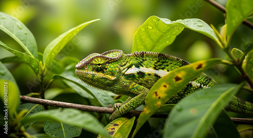 Vibrant Green Chameleon Blending into Lush Wet Foliage in a Tropical Habitat
