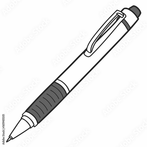 Simple black and white line drawing illustration of a modern ballpoint pen with a clip