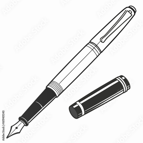 Elegant black and white illustration of a classic fountain pen with its cap removed