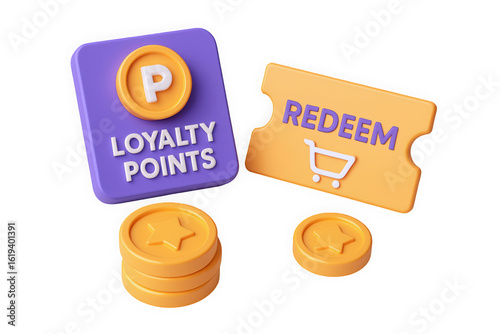 Colorful 3D icons representing loyalty points and redemption, symbolizing customer rewards and incentives in shopping.