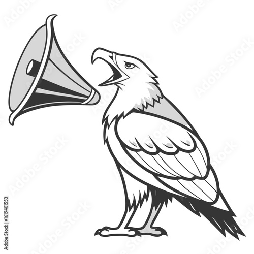 Majestic eagle with open beak holding a megaphone announcing important news