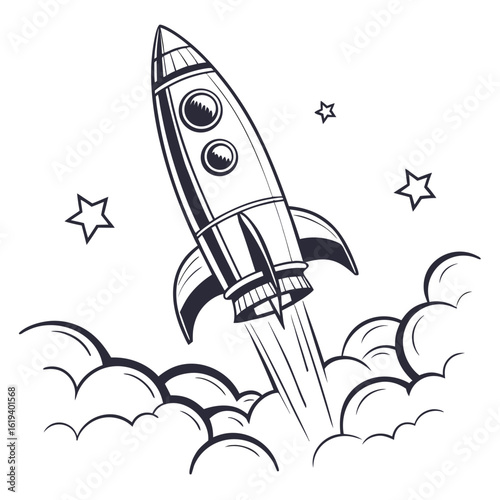 Retro style rocket ship blasting off through stylized clouds and stars in a vintage drawing
