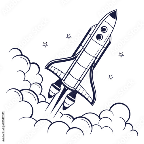 Stylized illustration of a space shuttle launching into the sky with clouds and stars