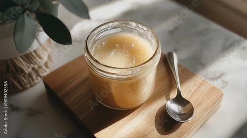 Ghee (clarified butter) in a glass jar with a spoon on the side.