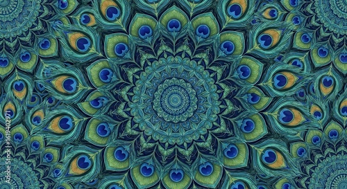 Intricate teal and emerald peacock feather mandala pattern with central circular design and repeating eye motifs